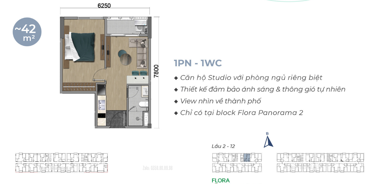 Thiết kế tổng quan mặt bằng căn 42m2